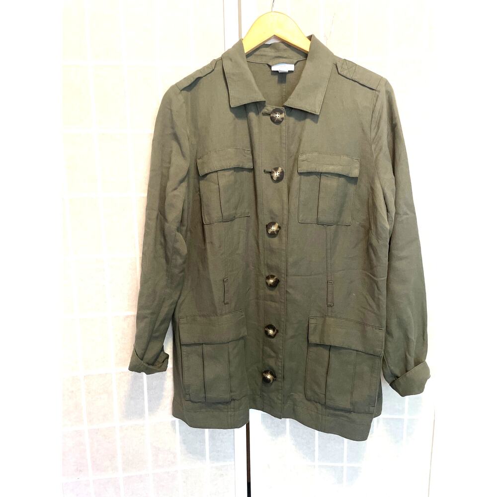 J. Jill Linen Blend Utility Shacket Shirt Jacket M Olive Green Coastal Lagenlook
